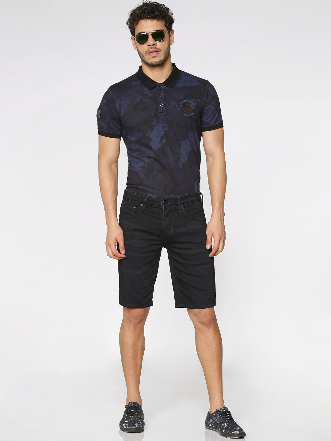 Blue Camo Washed Print Slim Fit Polo Neck T-Shirt
