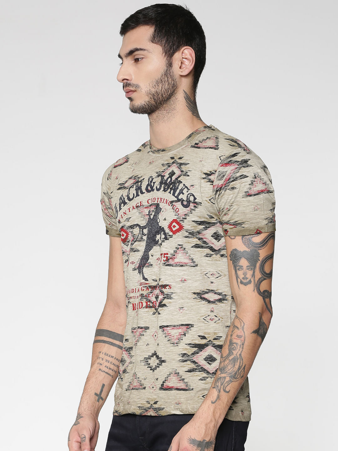 Brown All Over Print Slim Fit Crew Neck T-Shirt - S