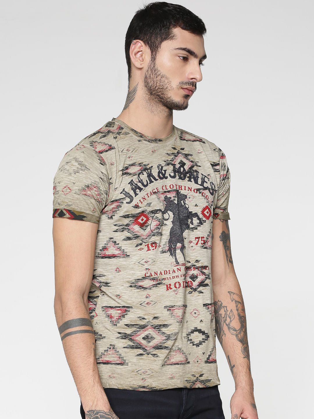Brown All Over Print Slim Fit Crew Neck T-Shirt