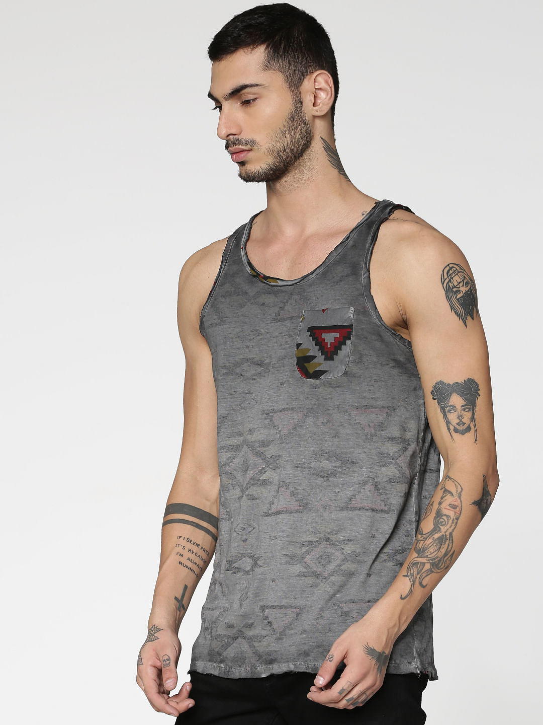 Black Dyed Graphic Print Slim Fit Tank Top