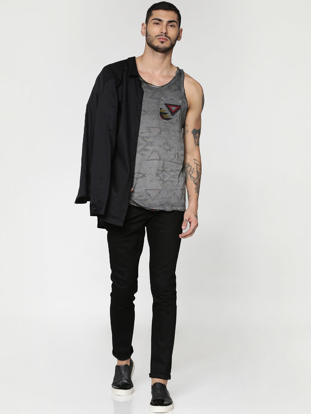 Black Dyed Graphic Print Slim Fit Tank Top