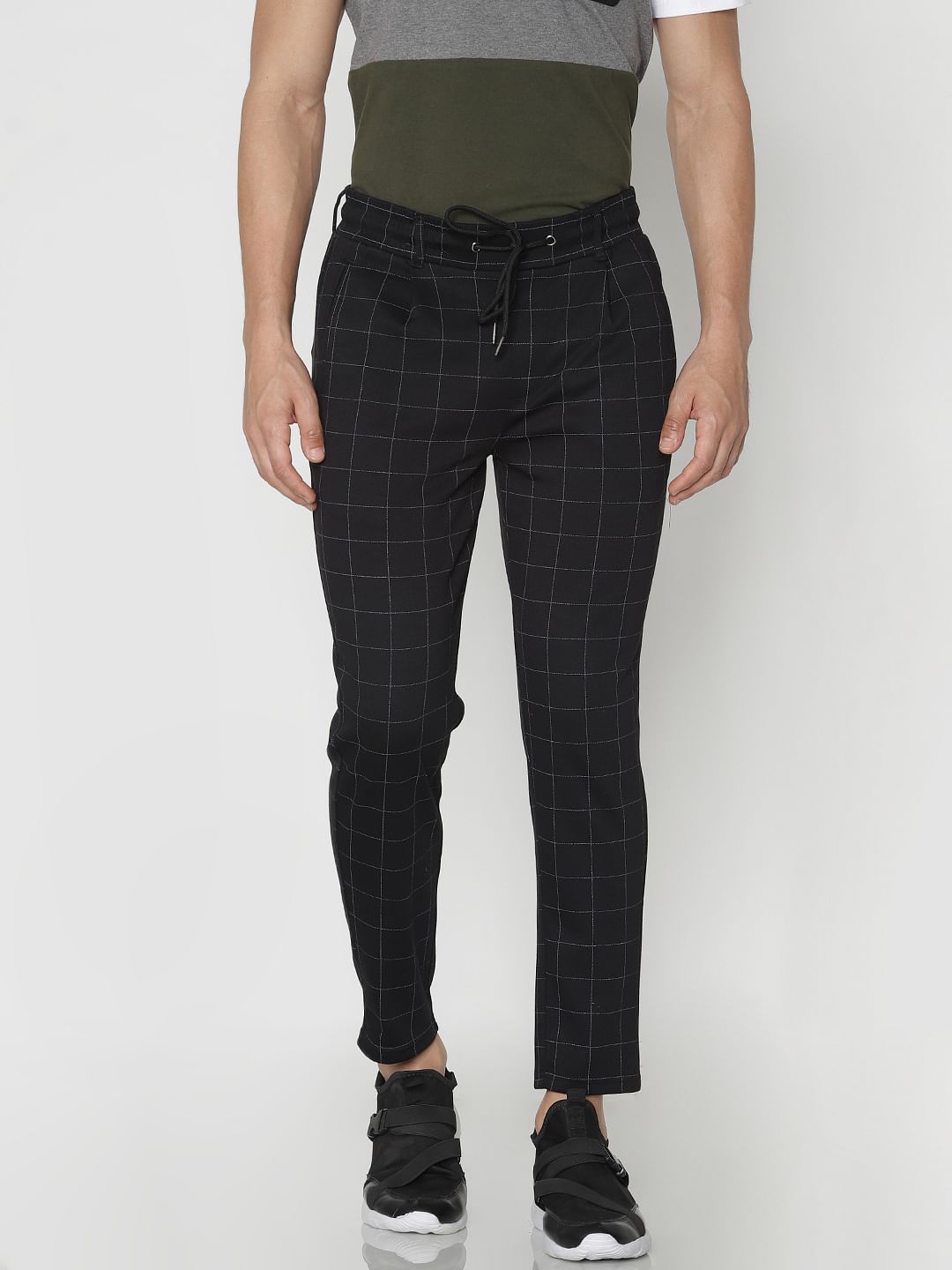 Black Check Drawstring Pants - 28/30