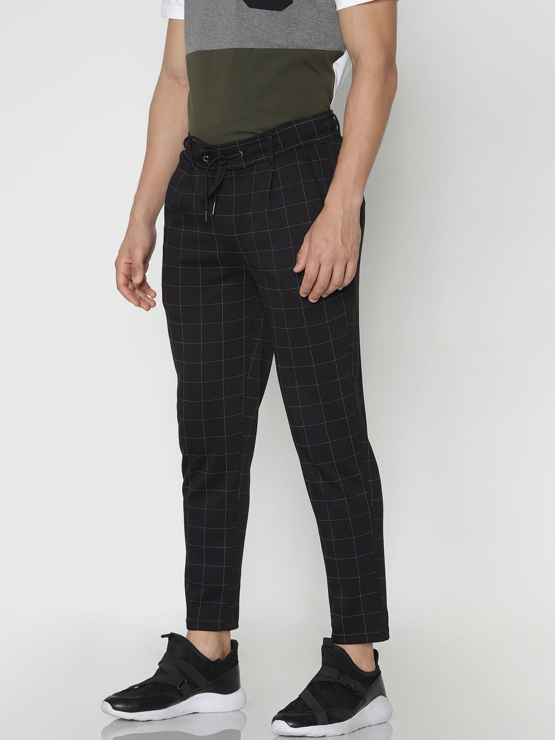 Black Check Drawstring Pants