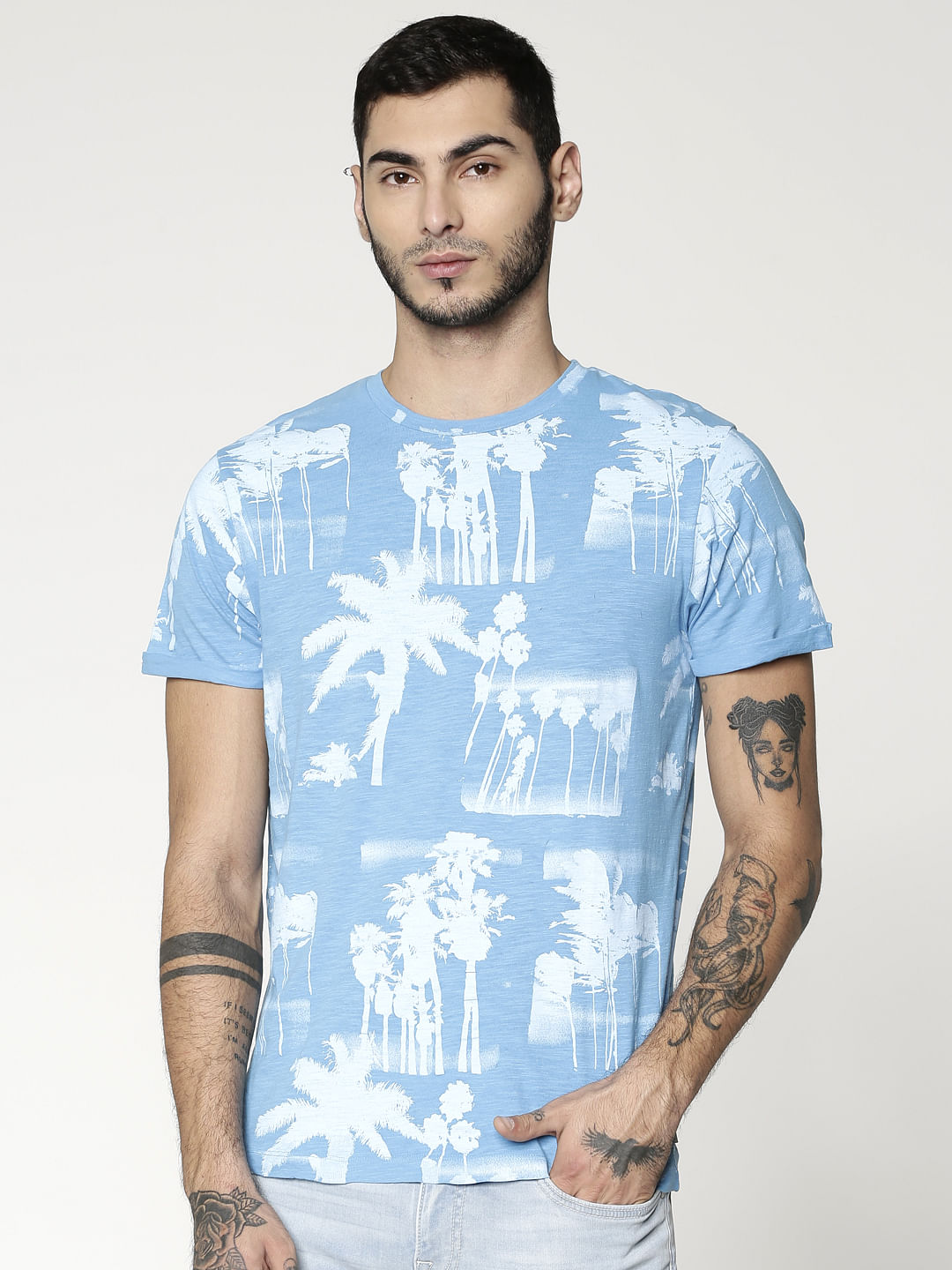 Blue All Over Print Crew Neck T-Shirt