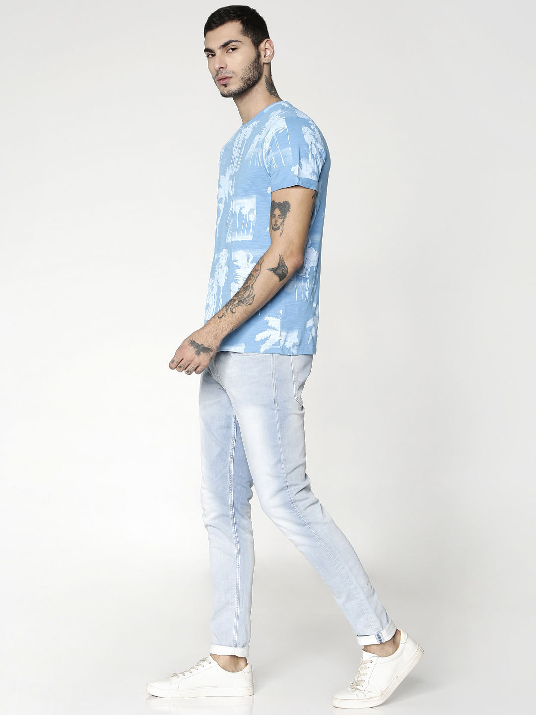 Blue All Over Print Crew Neck T-Shirt