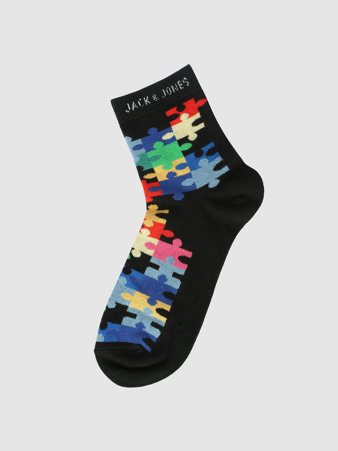 Black Puzzle Print Mid Calf Length Socks - ONE
