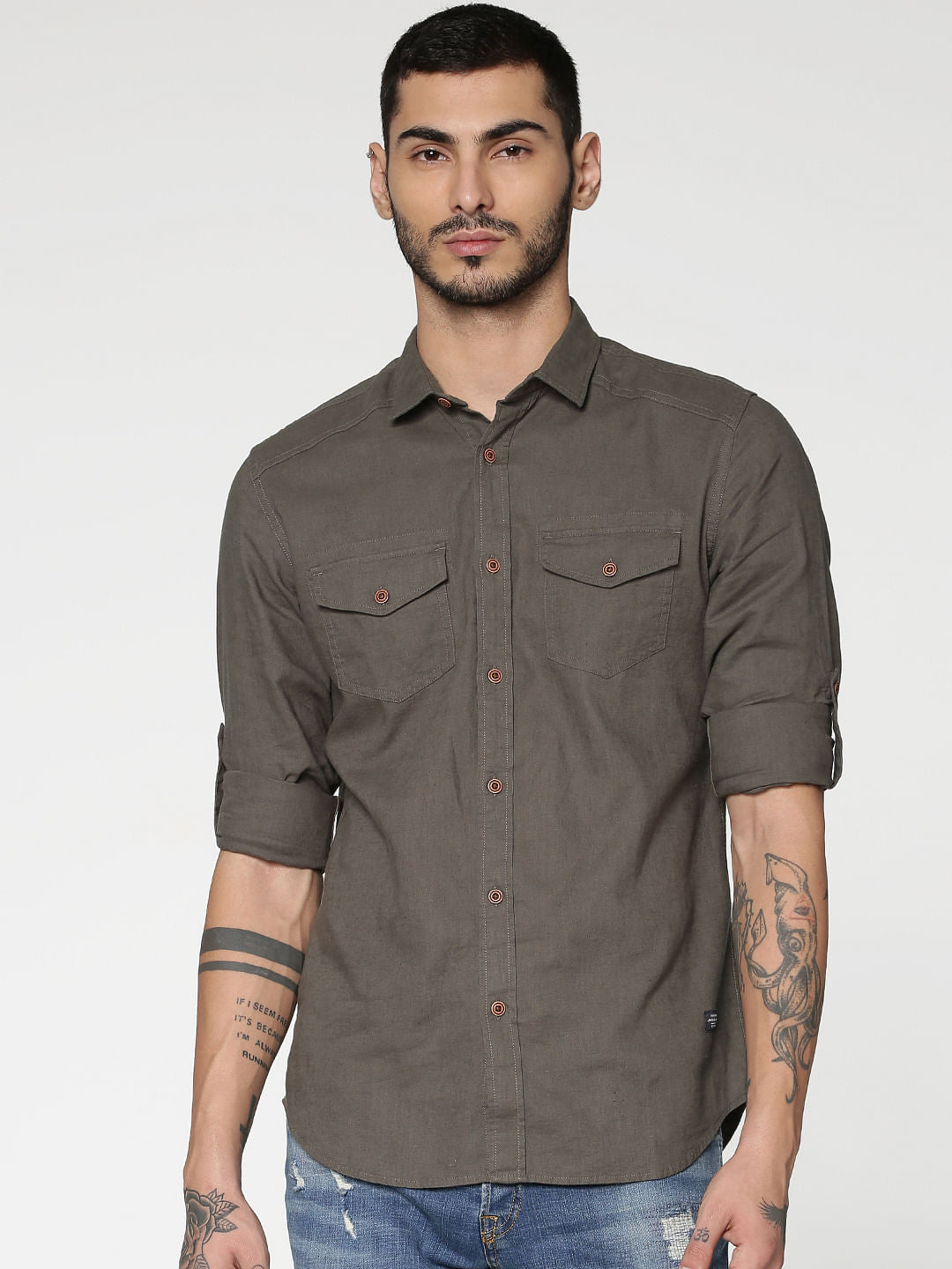 Green Washed Effect Slim Fit Full Sleeves Shirt - S