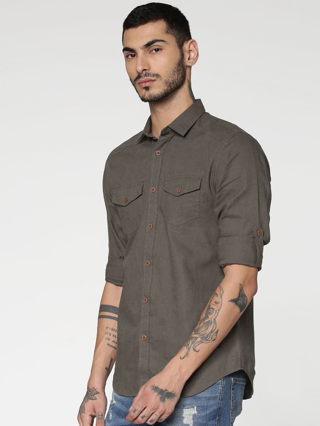 Green Washed Effect Slim Fit Full Sleeves Shirt
