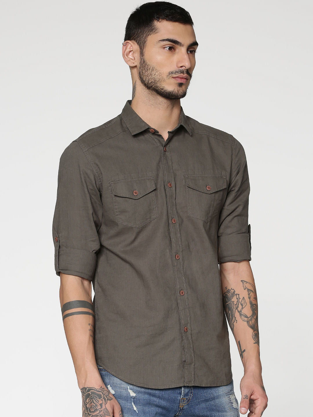 Green Washed Effect Slim Fit Full Sleeves Shirt