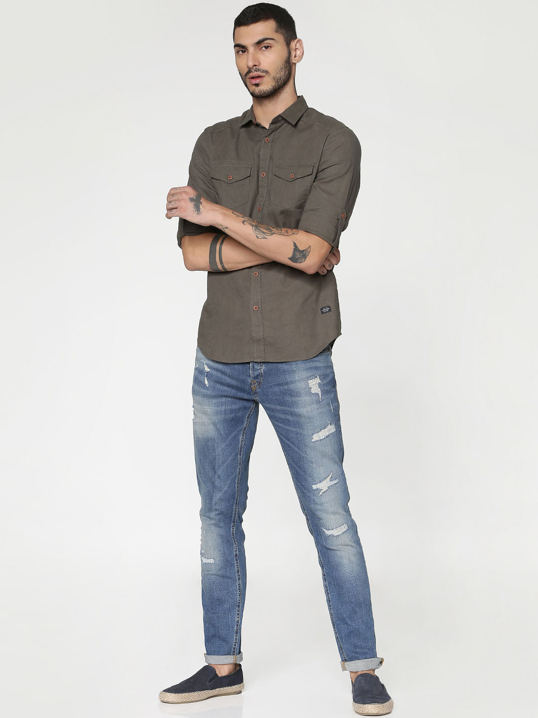 Green Washed Effect Slim Fit Full Sleeves Shirt