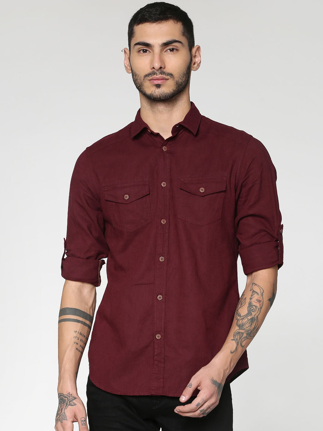 Red Front Patch Pockets Slim Fit Full Sleeves Shirt - S