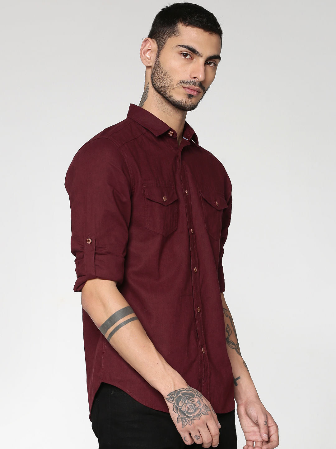 Red Front Patch Pockets Slim Fit Full Sleeves Shirt