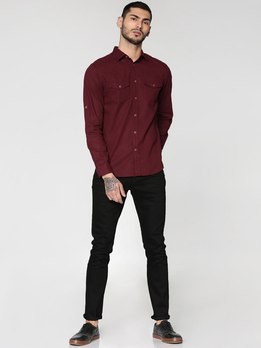 Red Front Patch Pockets Slim Fit Full Sleeves Shirt