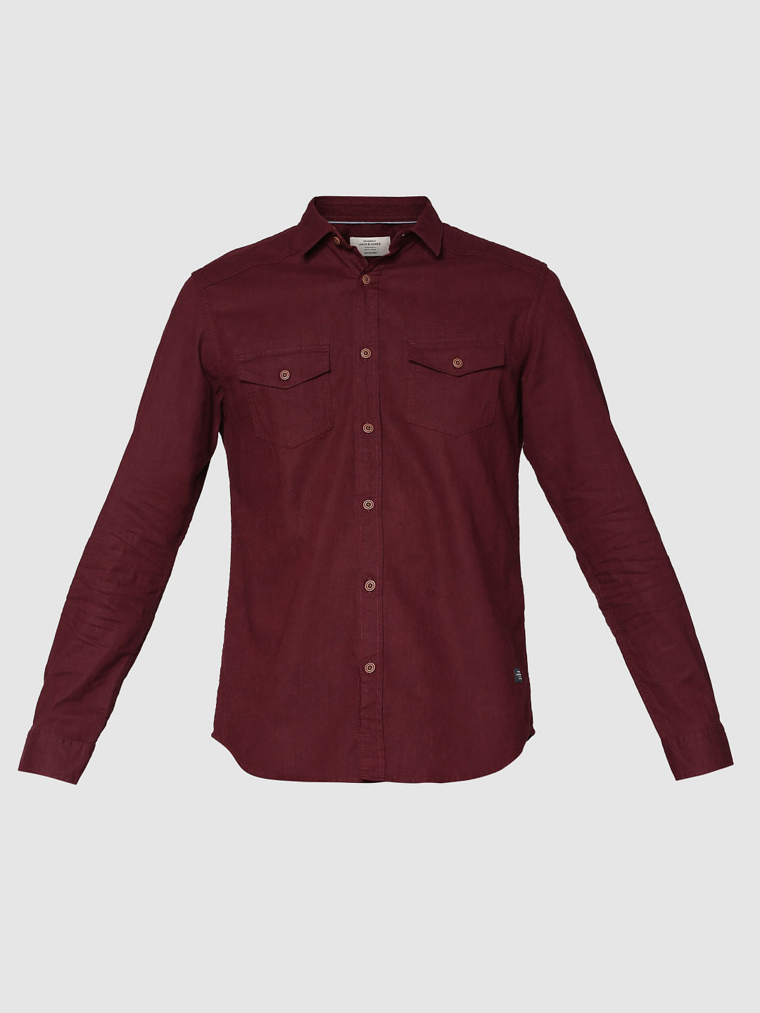 Red Front Patch Pockets Slim Fit Full Sleeves Shirt