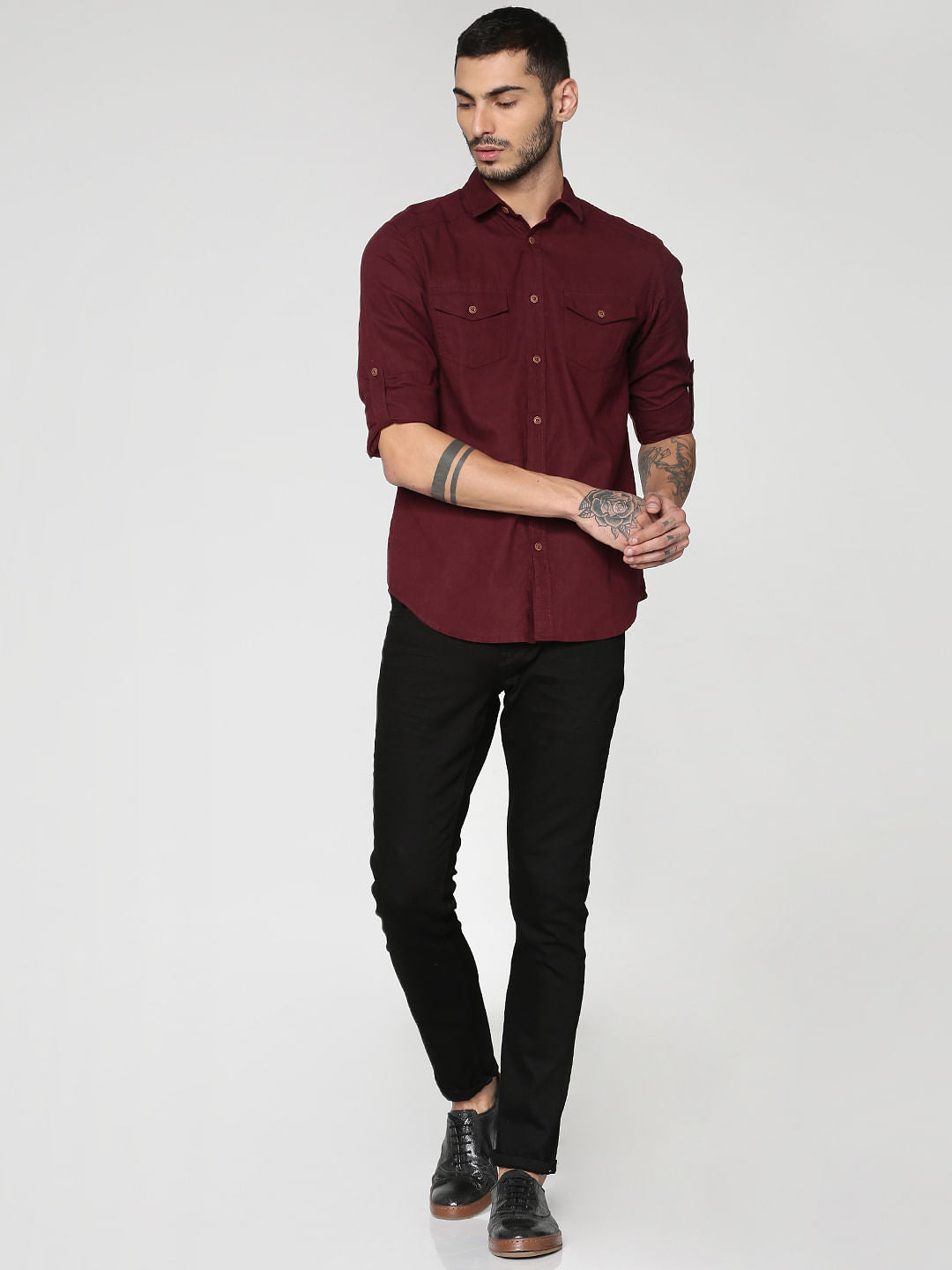Red Front Patch Pockets Slim Fit Full Sleeves Shirt