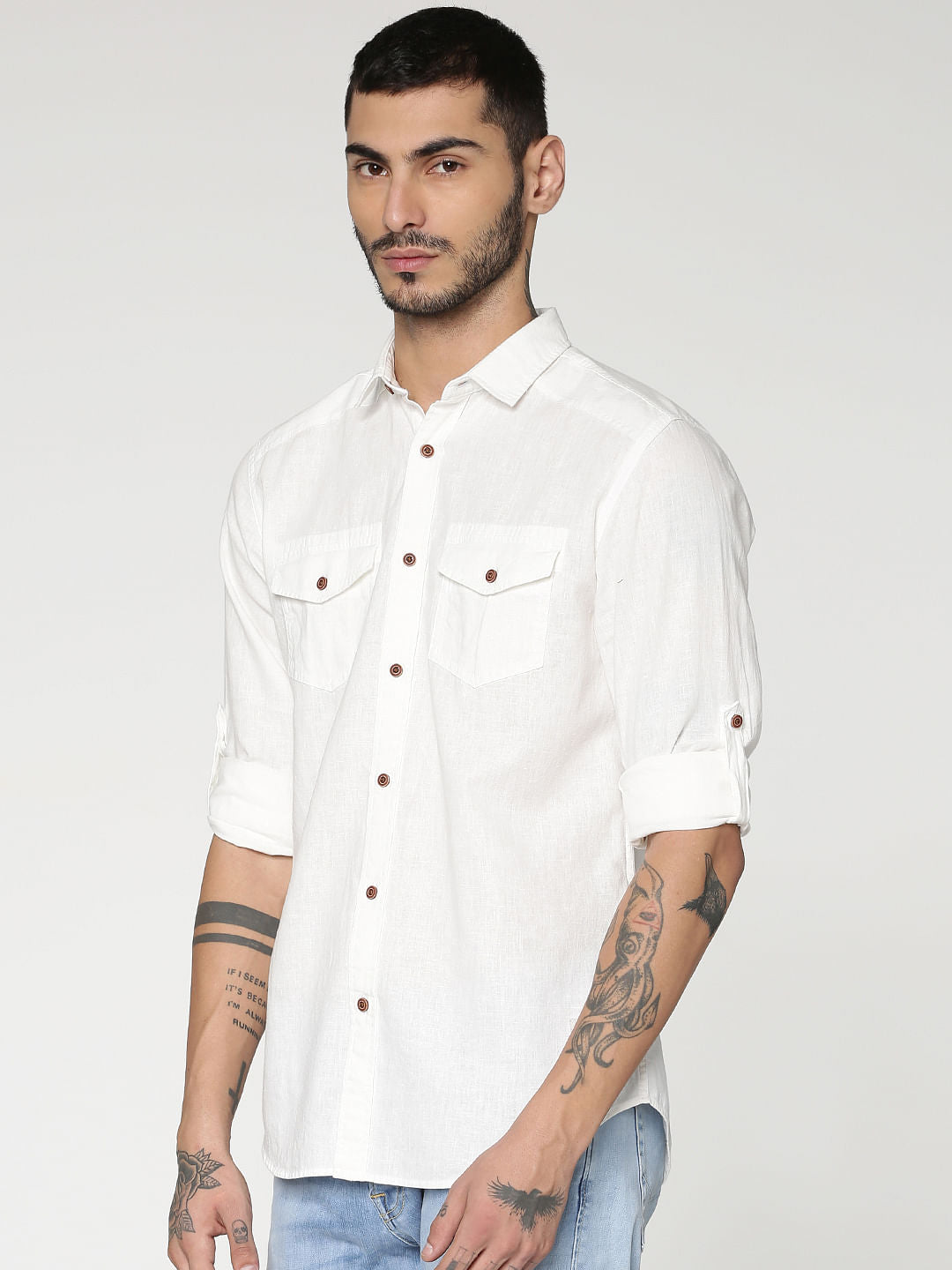 White Front Patch Pockets Slim Fit Full Sleeves Shirt - S