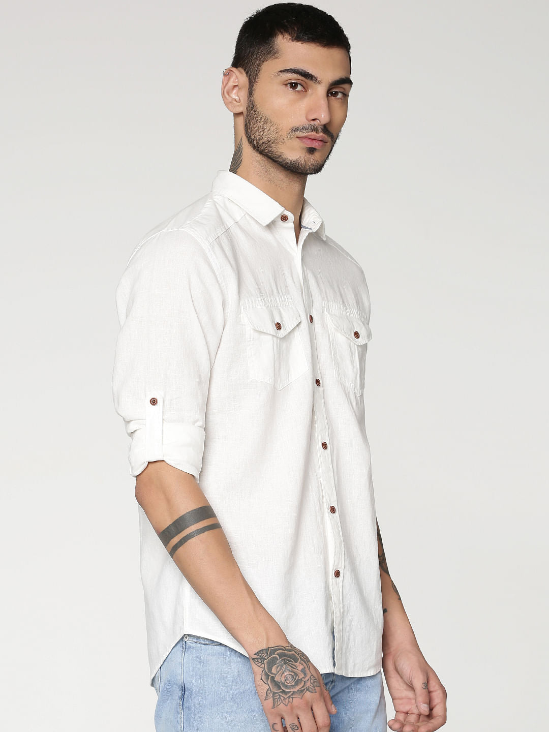 White Front Patch Pockets Slim Fit Full Sleeves Shirt