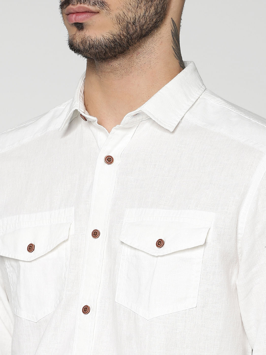White Front Patch Pockets Slim Fit Full Sleeves Shirt