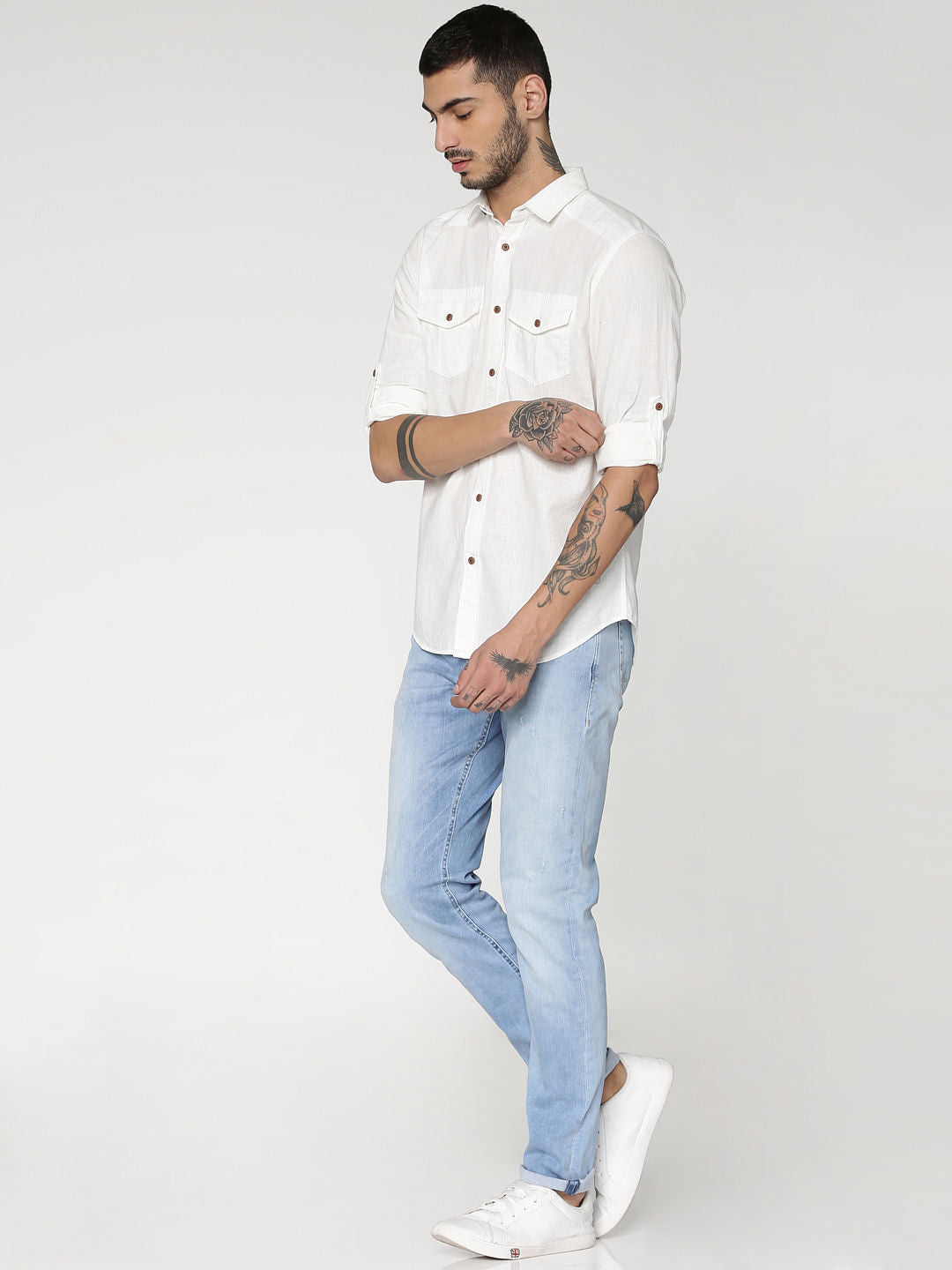 White Front Patch Pockets Slim Fit Full Sleeves Shirt