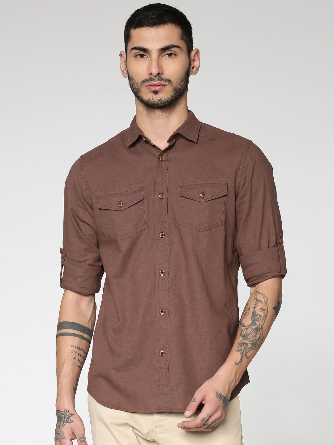 Brown Front Patch Pockets Slim Fit Full Sleeves Shirt - S