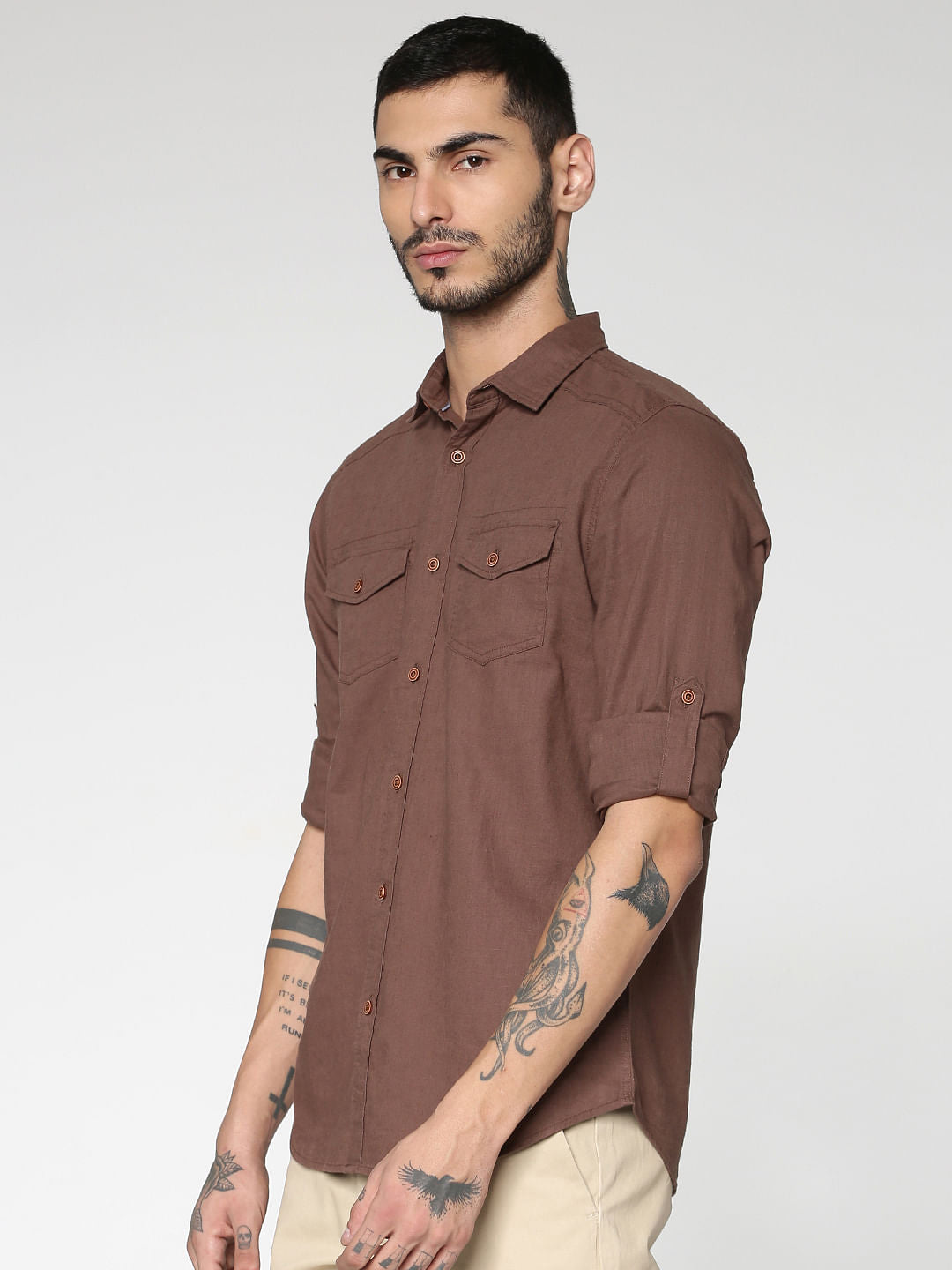 Brown Front Patch Pockets Slim Fit Full Sleeves Shirt