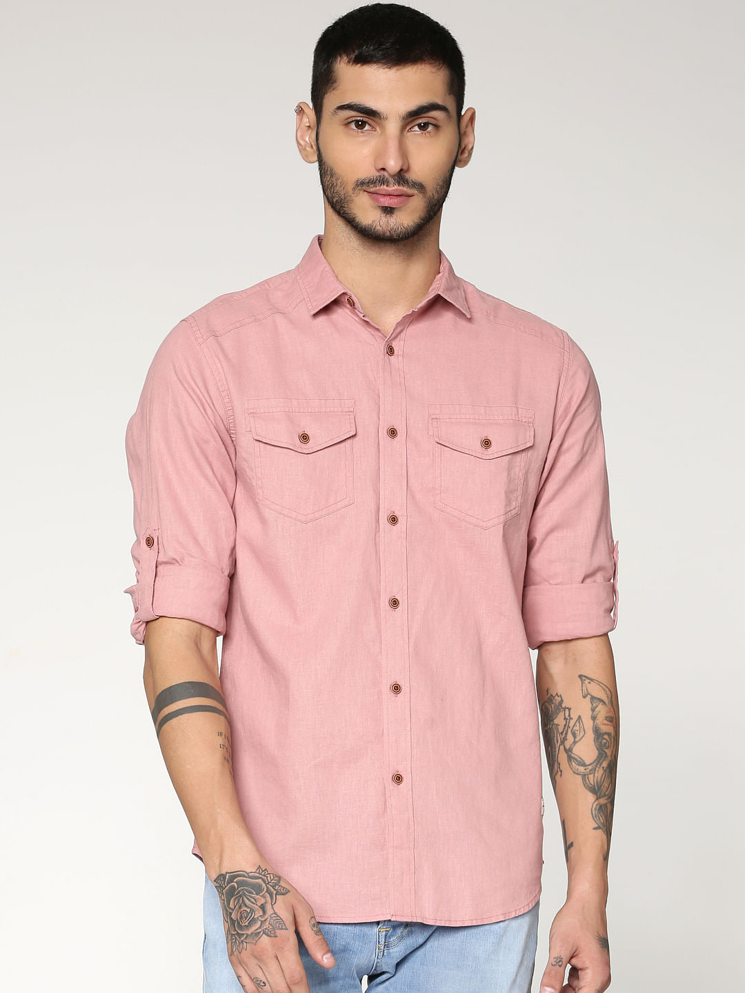 Pink Front Patch Pockets Slim Fit Full Sleeves Shirt - S