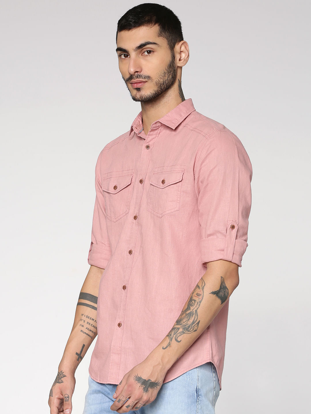Pink Front Patch Pockets Slim Fit Full Sleeves Shirt