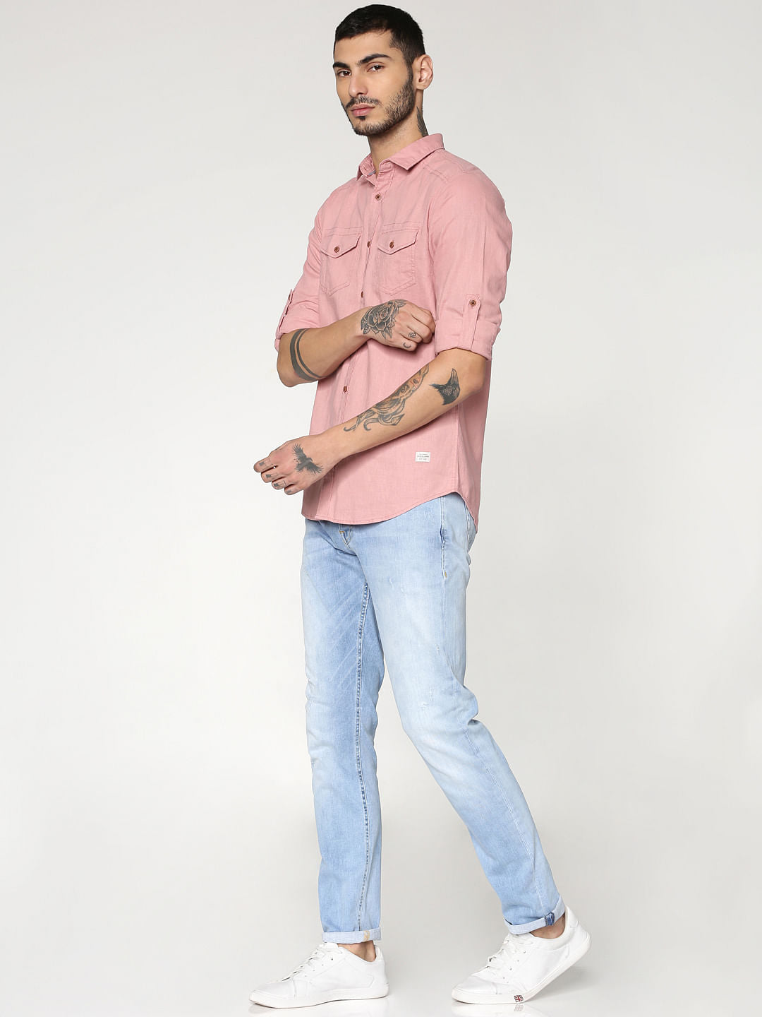 Pink Front Patch Pockets Slim Fit Full Sleeves Shirt