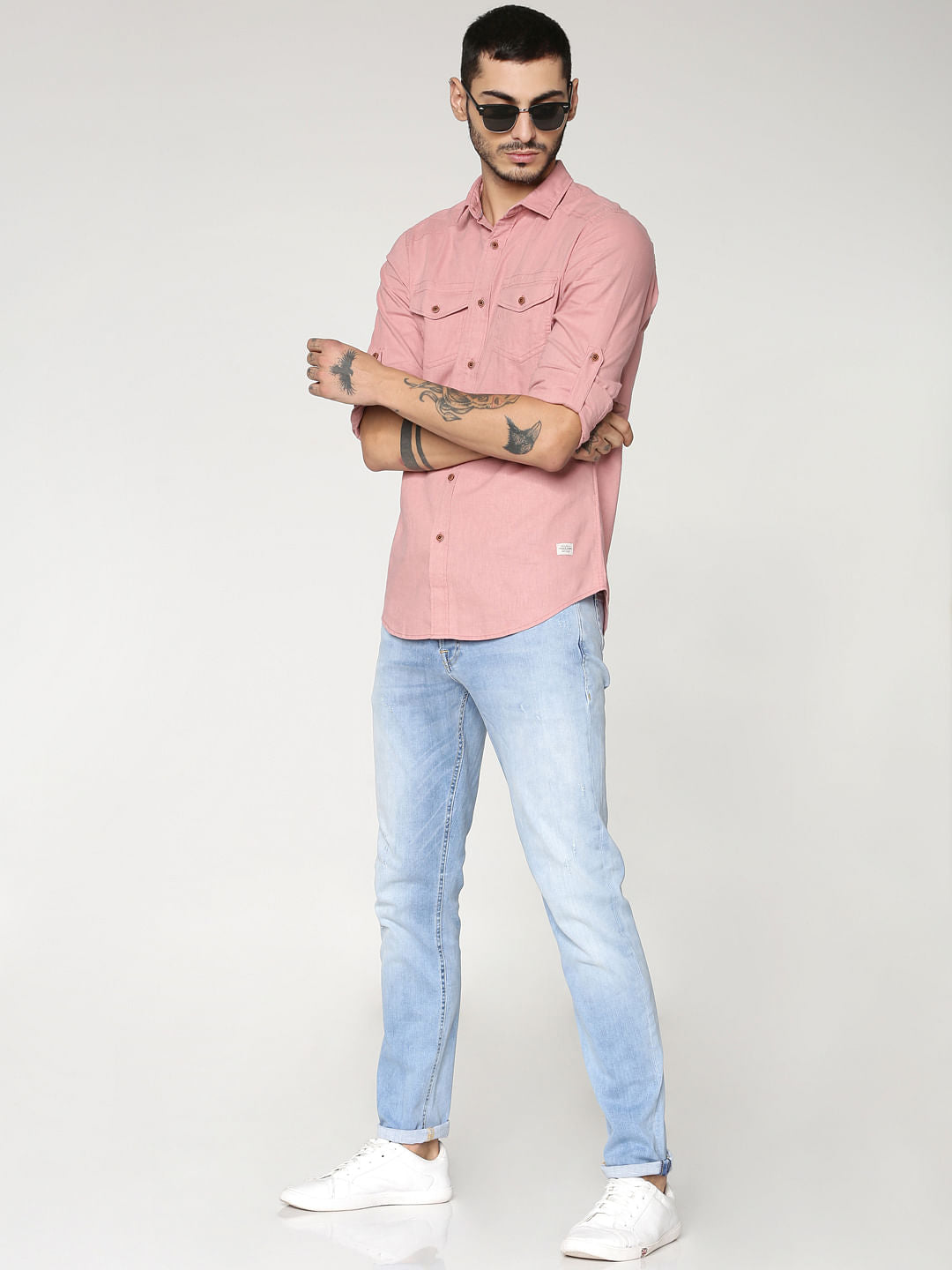Pink Front Patch Pockets Slim Fit Full Sleeves Shirt