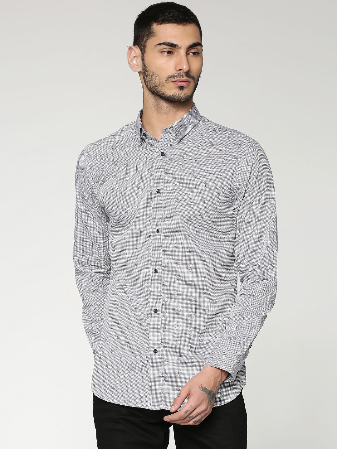 Grey All Over Printed Slim Fit Full Sleeves Shirt - S