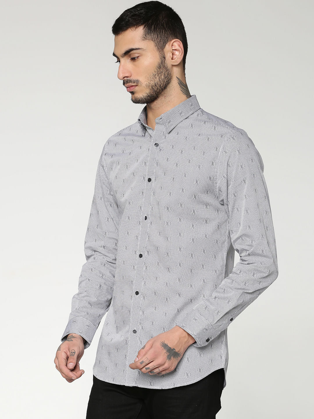 Grey All Over Printed Slim Fit Full Sleeves Shirt