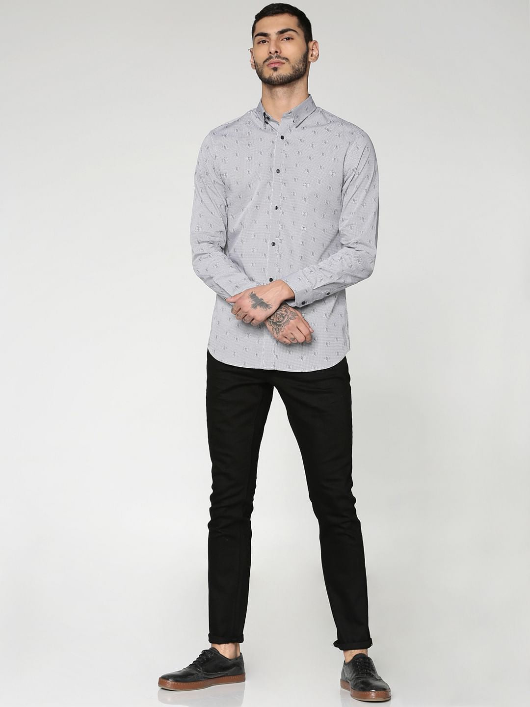 Grey All Over Printed Slim Fit Full Sleeves Shirt
