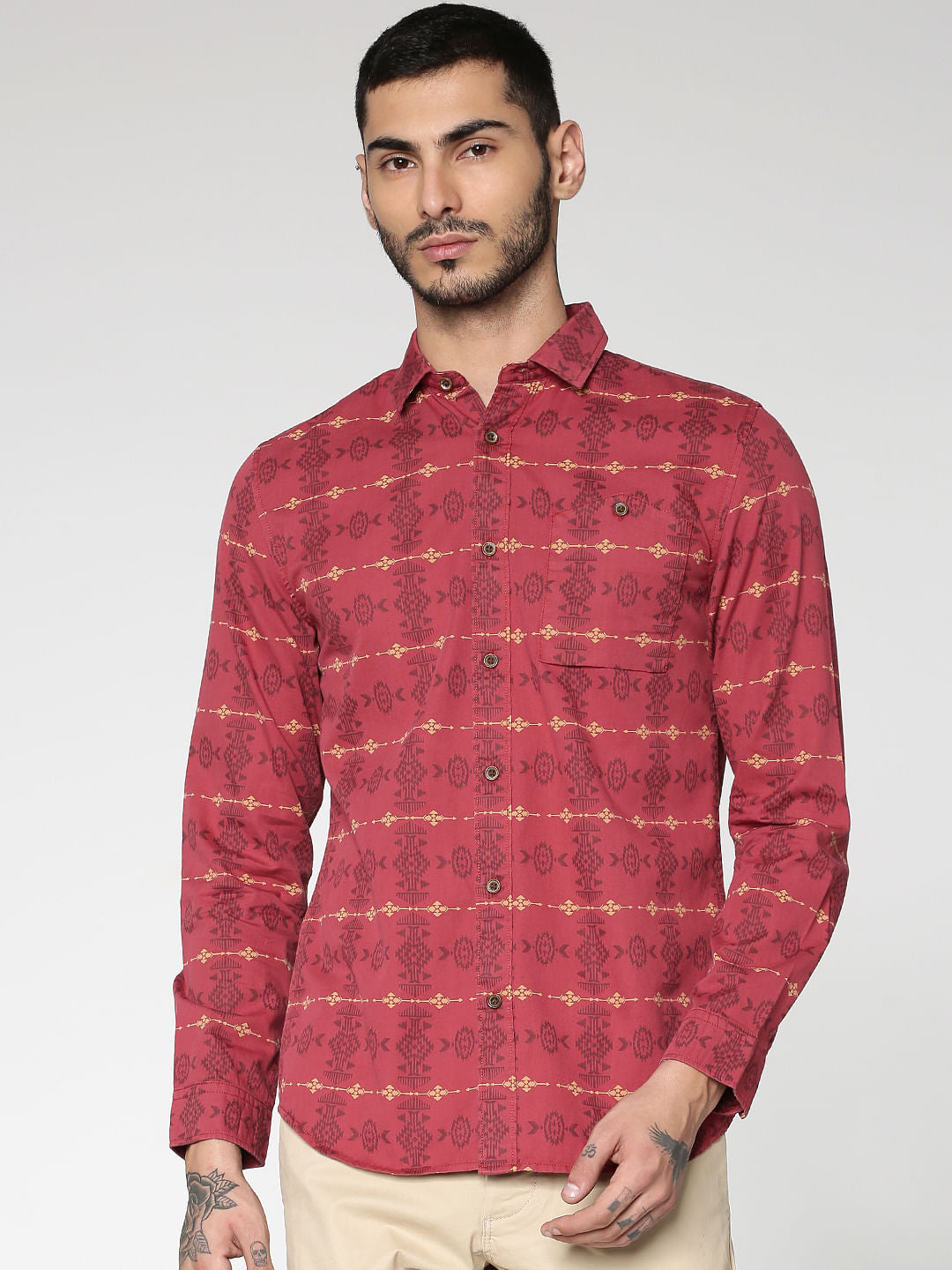 Red All Over Abstract Print Slim Fit Full Sleeves Shirt