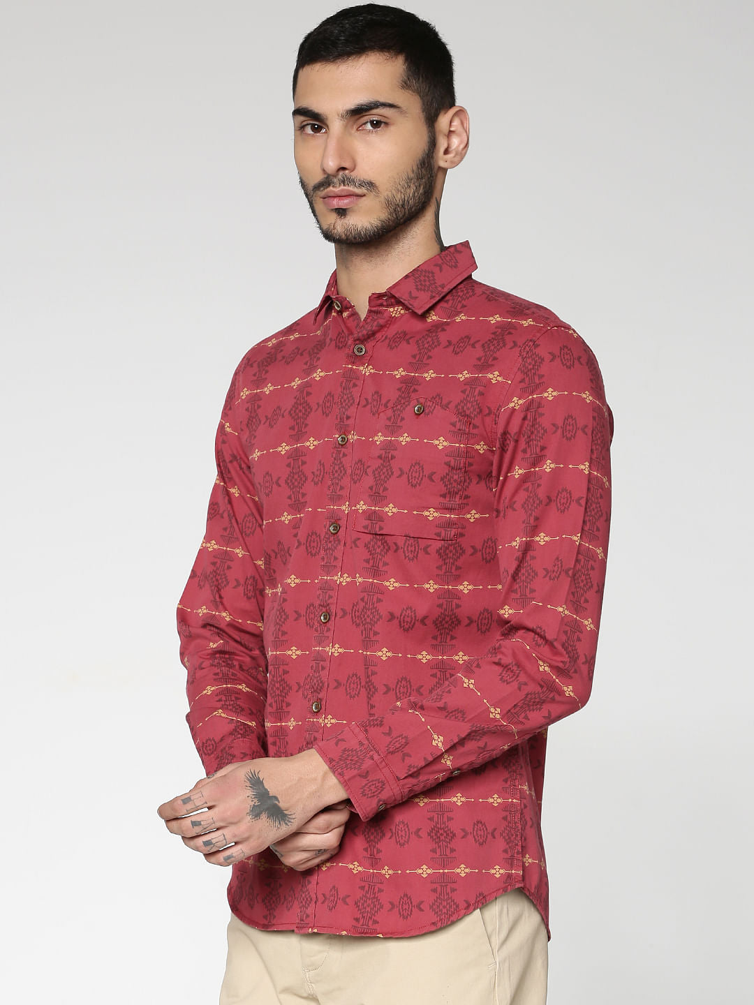 Red All Over Abstract Print Slim Fit Full Sleeves Shirt