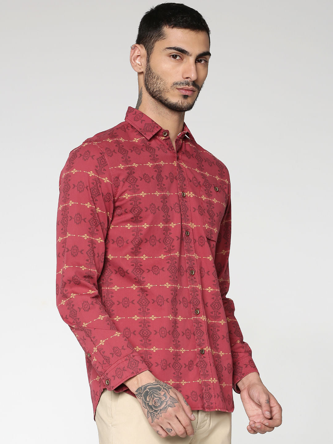 Red All Over Abstract Print Slim Fit Full Sleeves Shirt