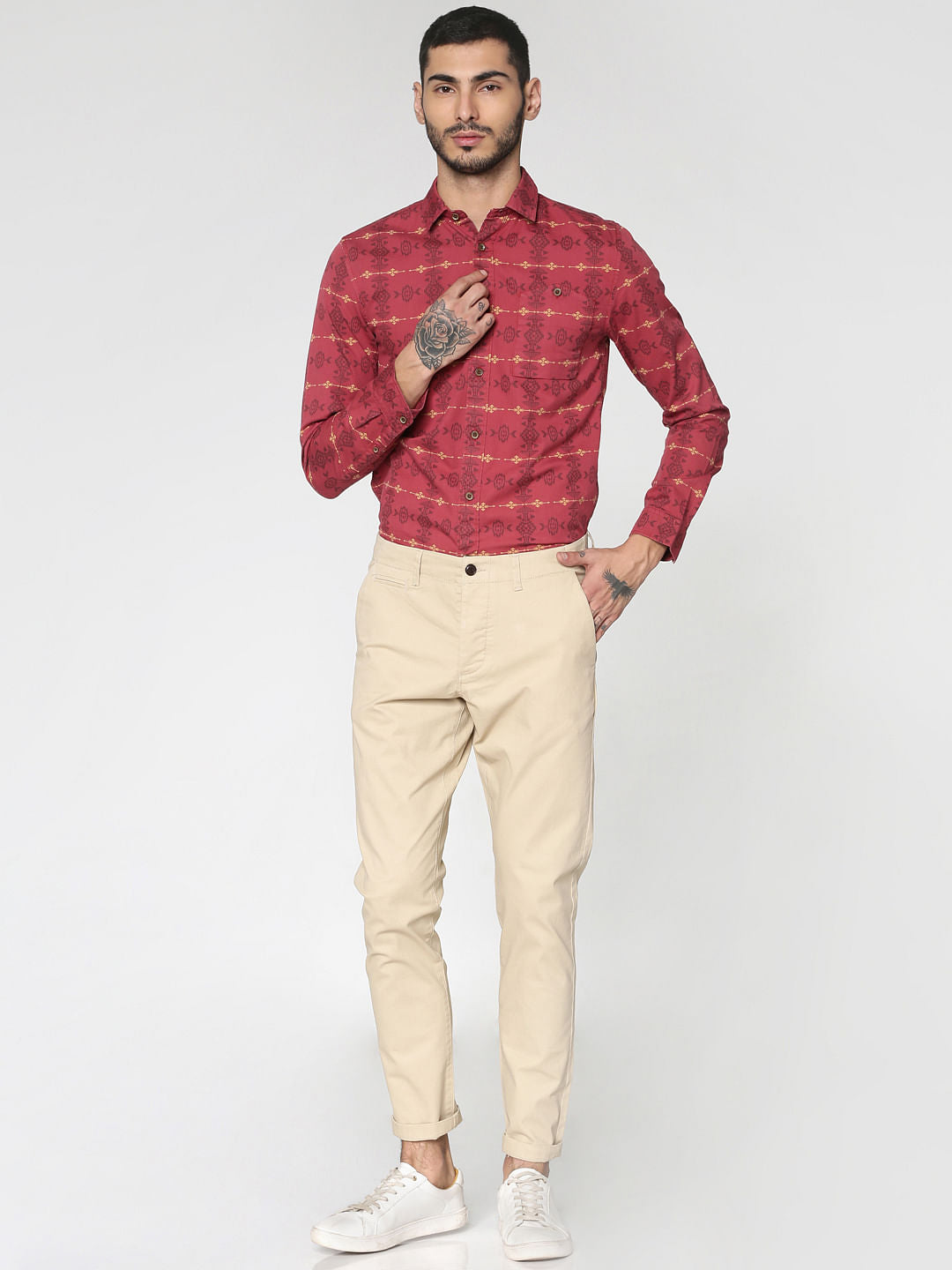 Red All Over Abstract Print Slim Fit Full Sleeves Shirt