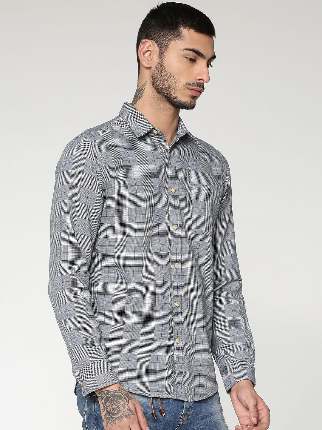 Grey Checks Slim Fit Full Sleeves Shirt
