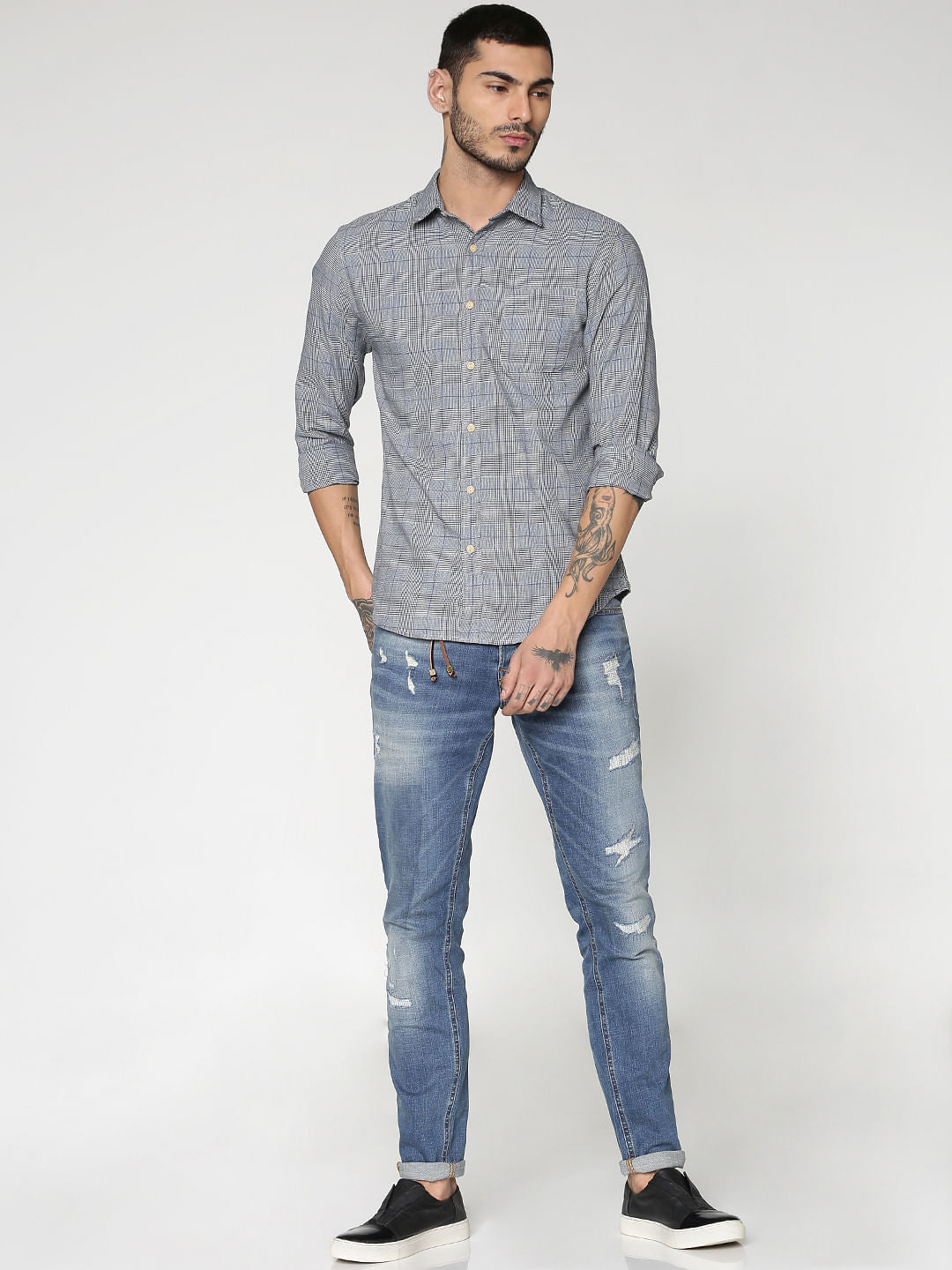 Grey Checks Slim Fit Full Sleeves Shirt