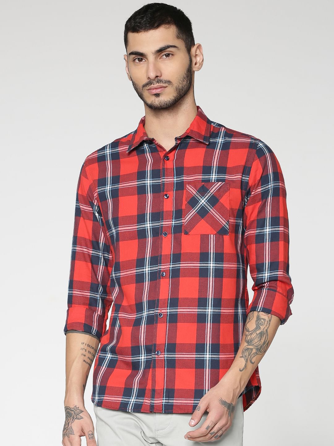 Red Checks Slim Fit Full Sleeves Shirt - S