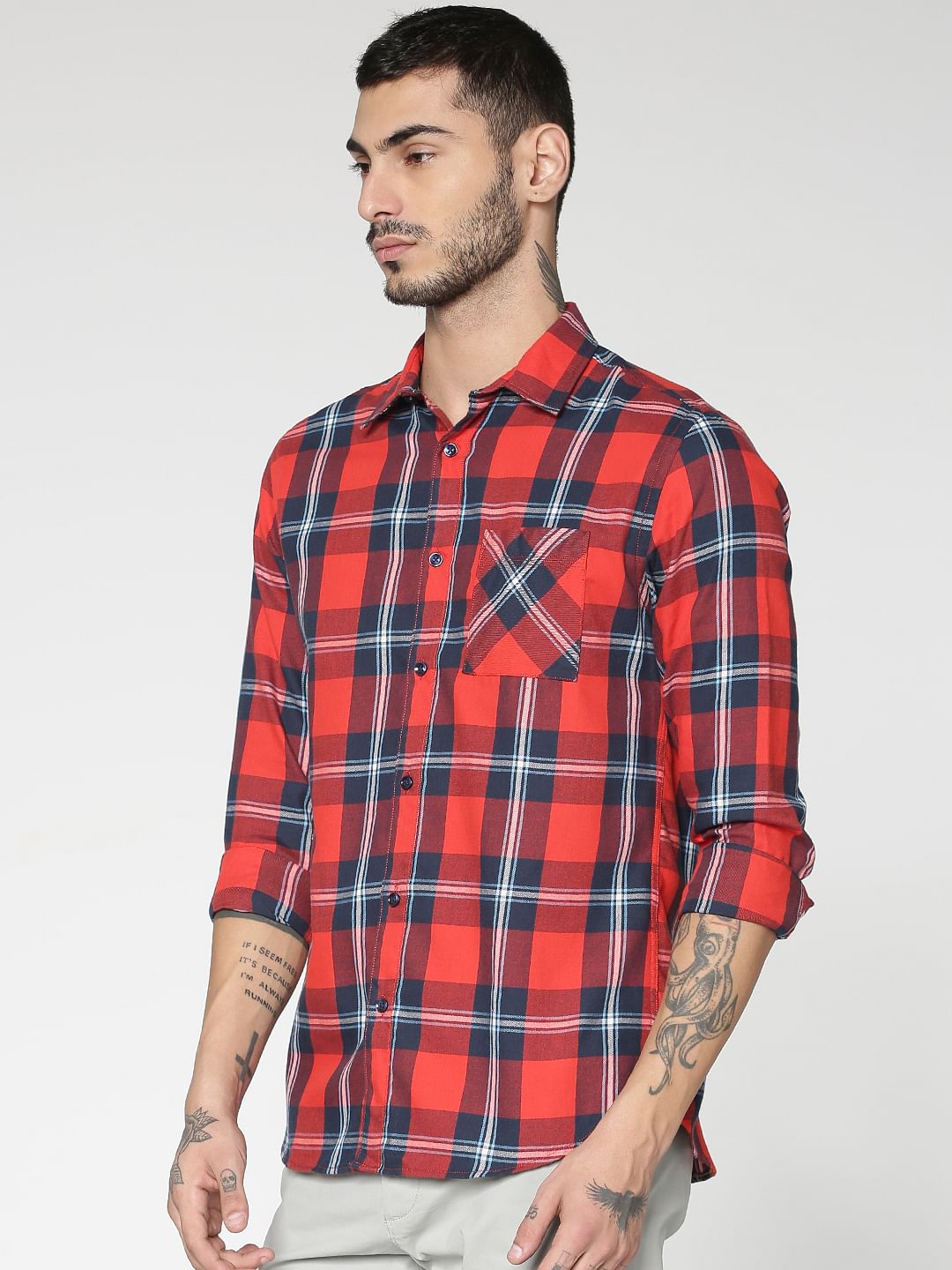 Red Checks Slim Fit Full Sleeves Shirt