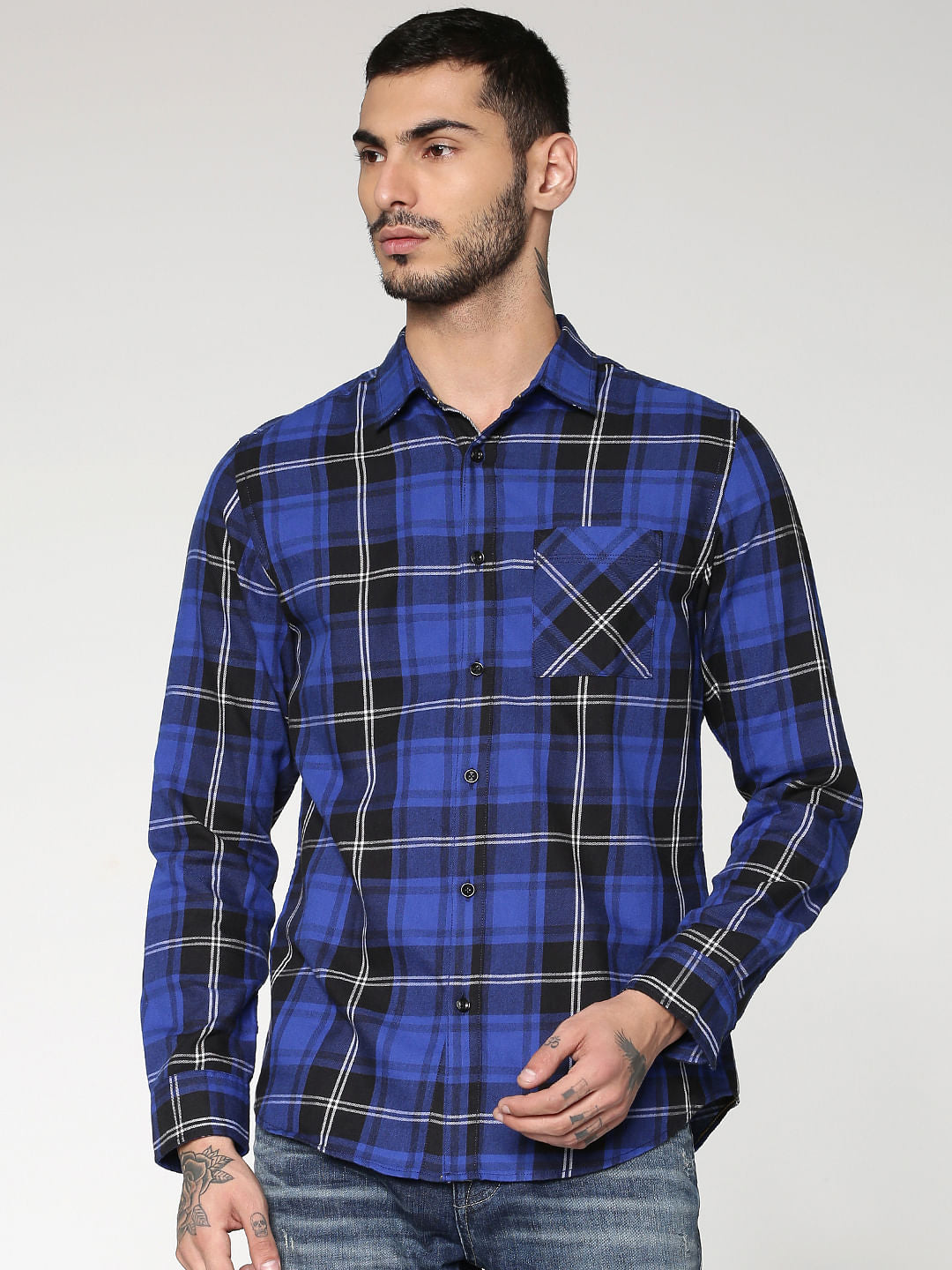 Blue Checks Slim Fit Full Sleeves Shirt - S