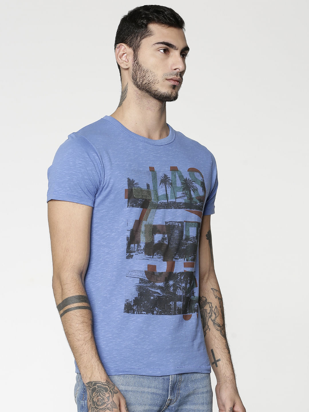 Blue Graphic Print Slim Fit Crew Neck T-Shirt
