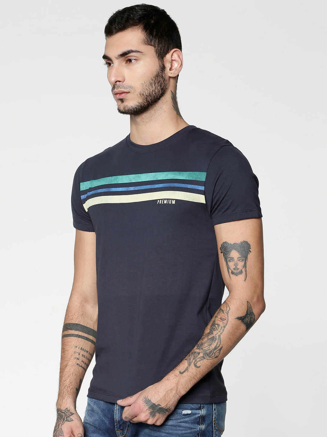 Blue Colour Blocked Striped Print Slim Fit Crew Neck T-Shirt