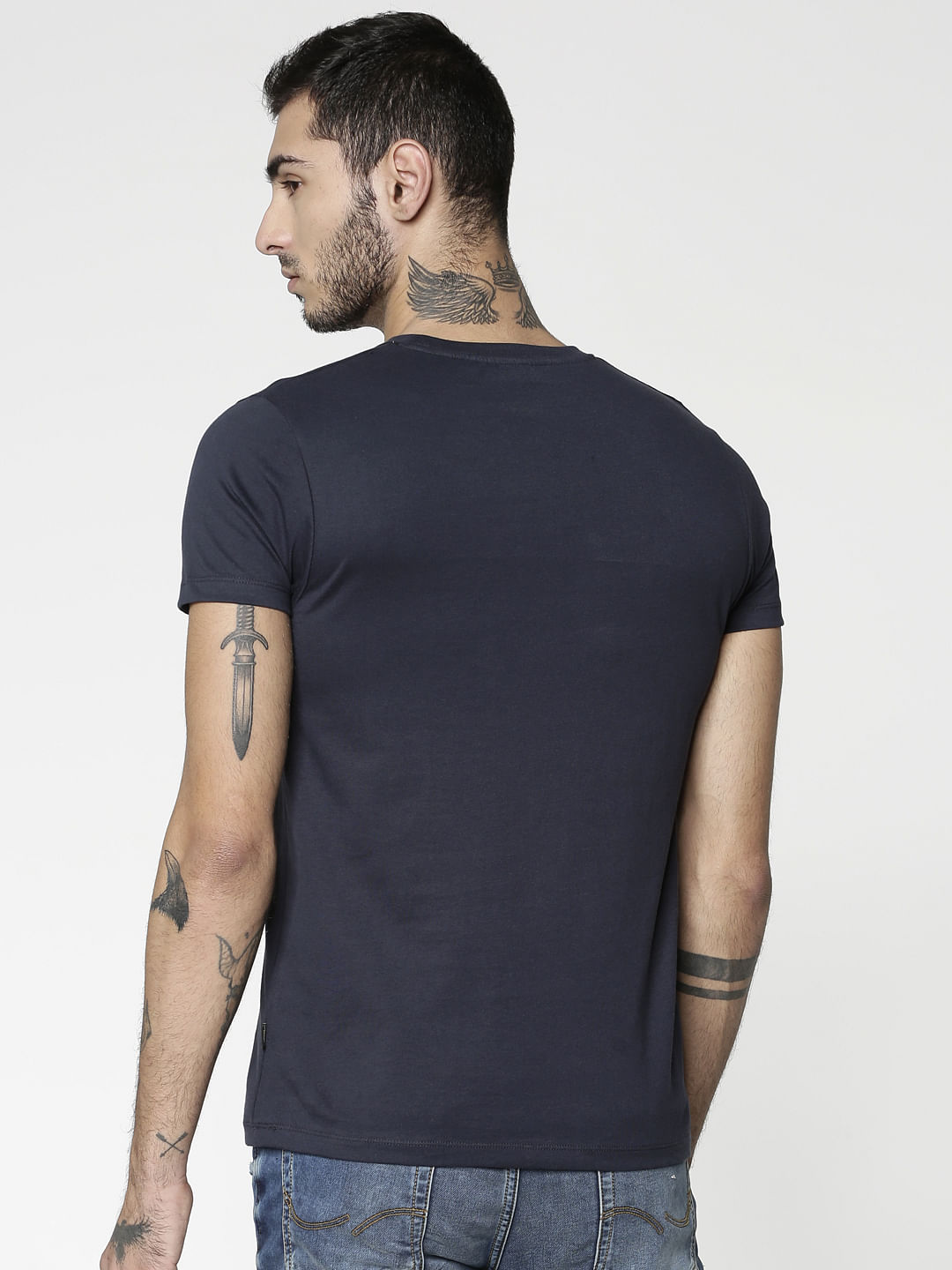 Blue Colour Blocked Striped Print Slim Fit Crew Neck T-Shirt