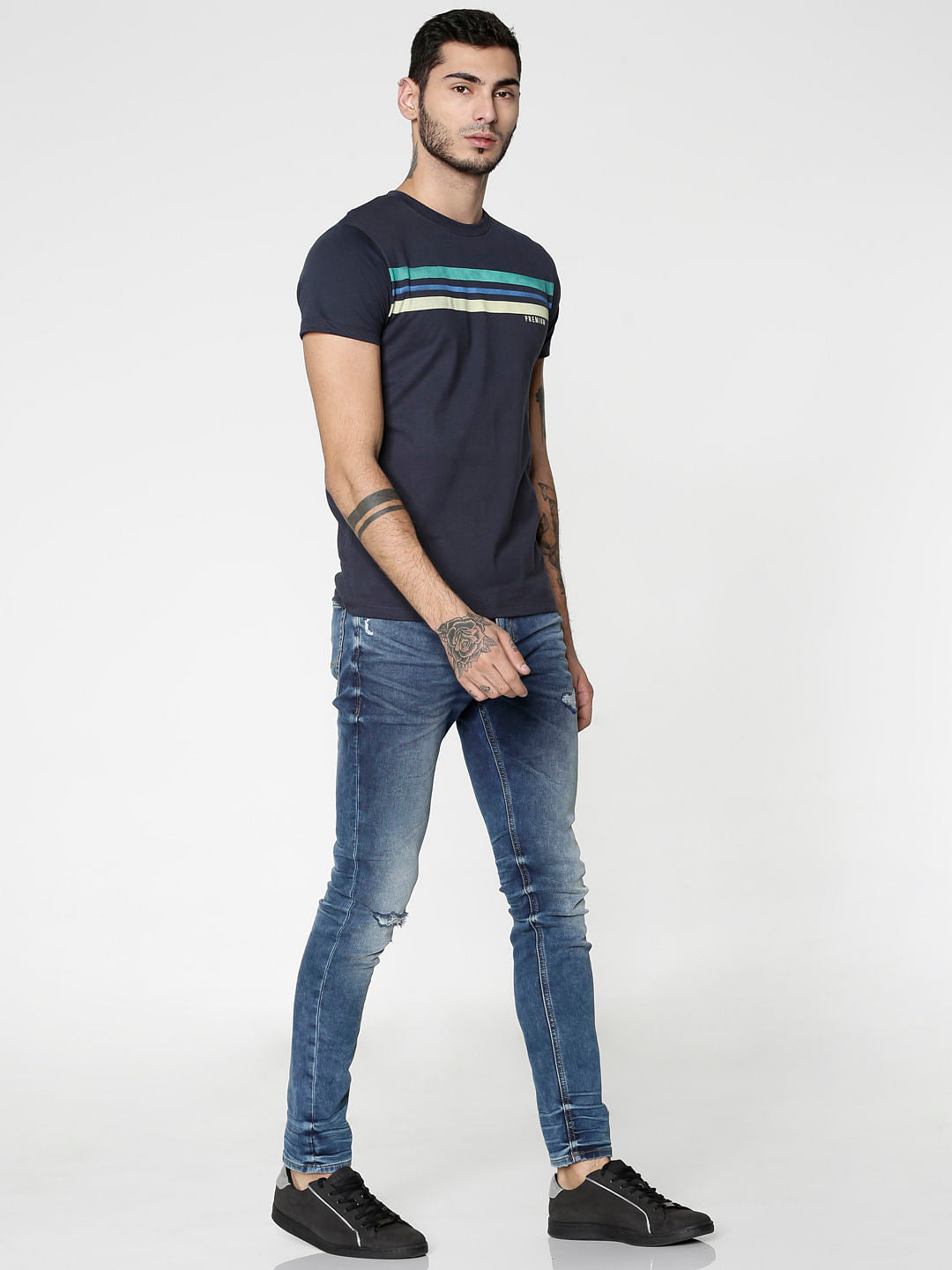 Blue Colour Blocked Striped Print Slim Fit Crew Neck T-Shirt