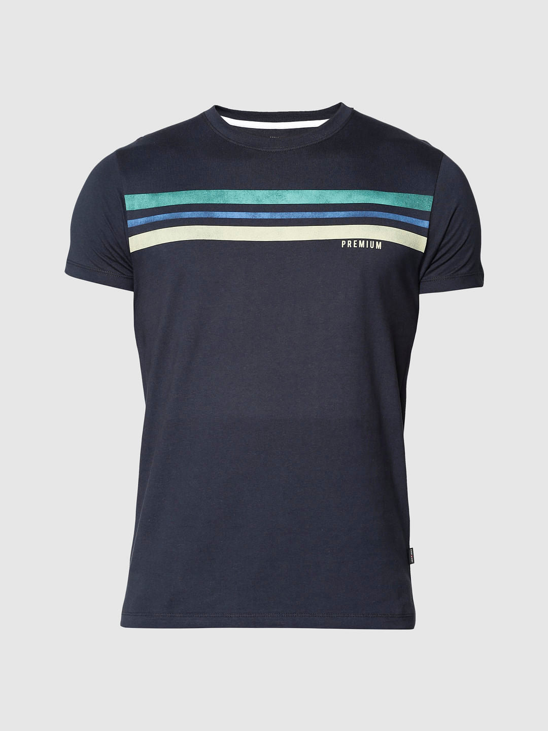 Blue Colour Blocked Striped Print Slim Fit Crew Neck T-Shirt