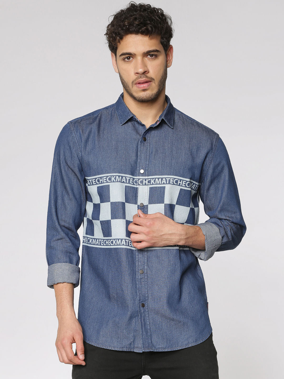 Blue Graphic Print Slim Fit Full Sleeves Denim Shirt - S