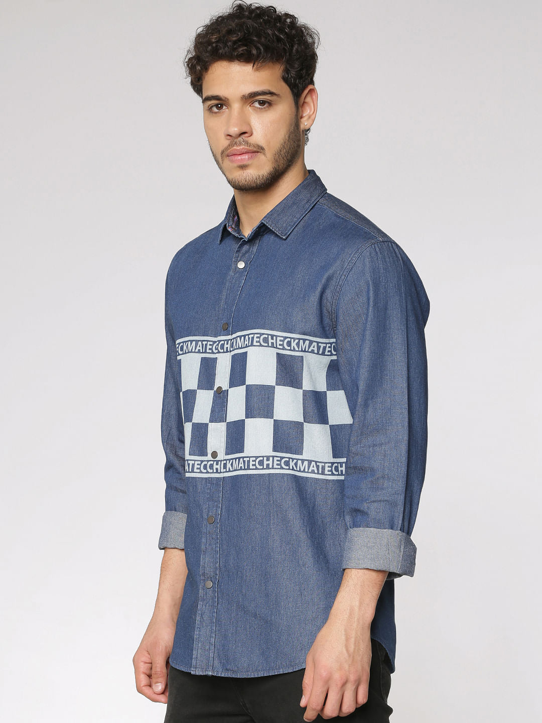 Blue Graphic Print Slim Fit Full Sleeves Denim Shirt