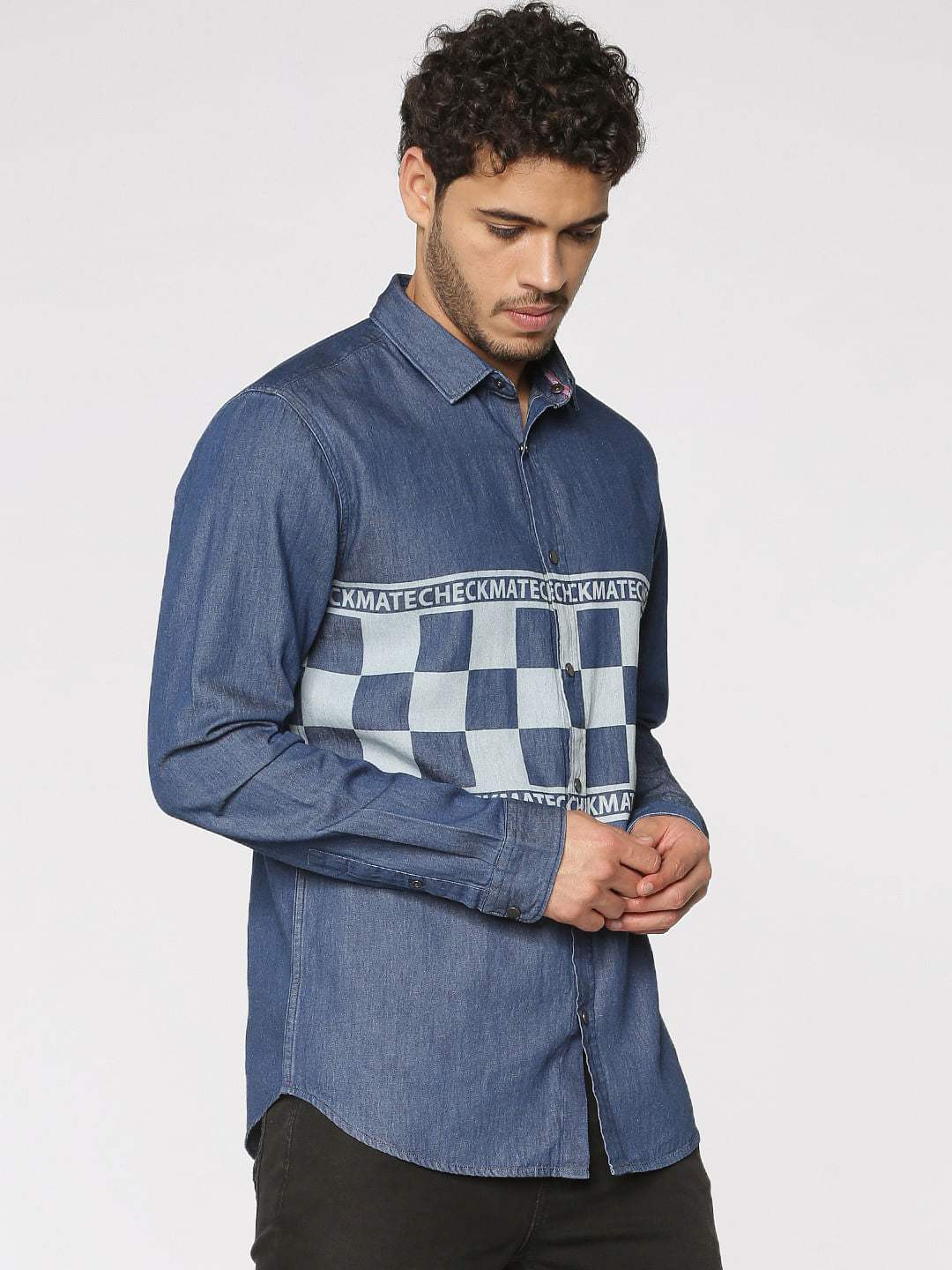 Blue Graphic Print Slim Fit Full Sleeves Denim Shirt