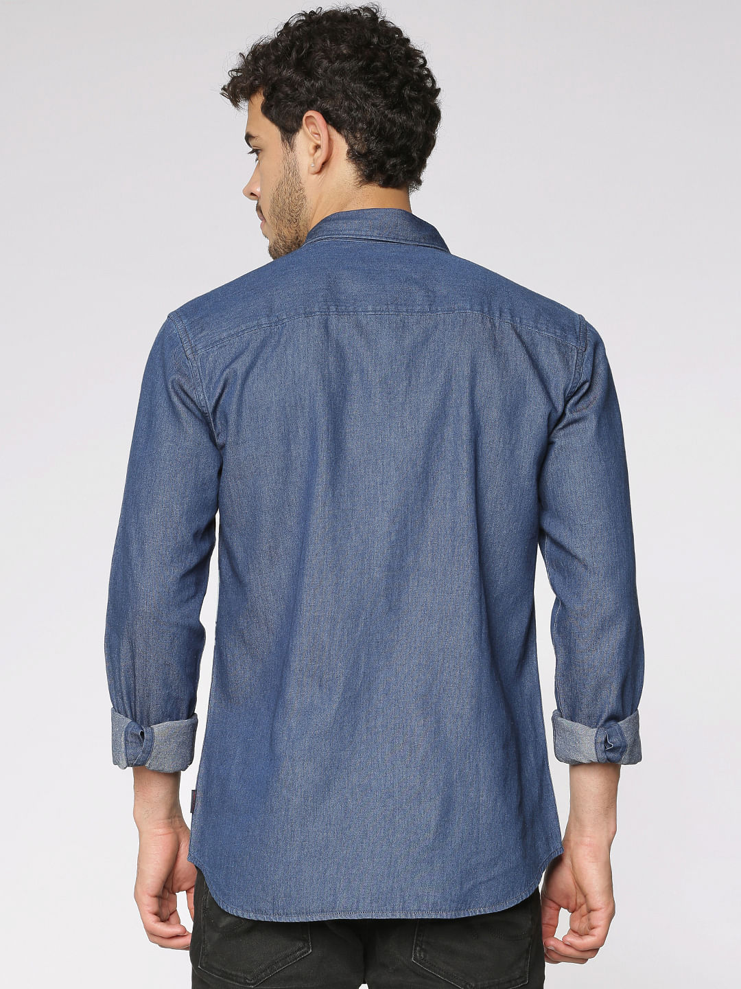 Blue Graphic Print Slim Fit Full Sleeves Denim Shirt